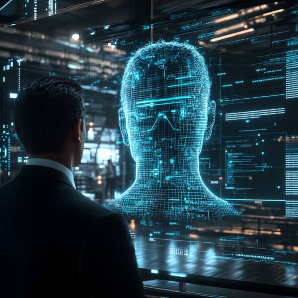 Ein futuristisches Büro mit einem holografischen KI-Assistenten.