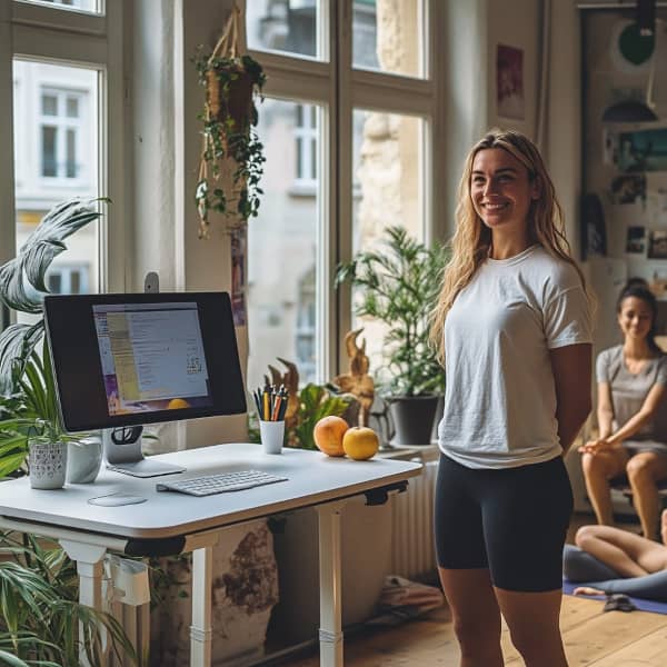 Eine junge lächelnde Kolleging an einem höhenverstellbaren Schreibtisch mit Obst, daneben eine kleine Gruppe bei einem Yoga-Kurs.