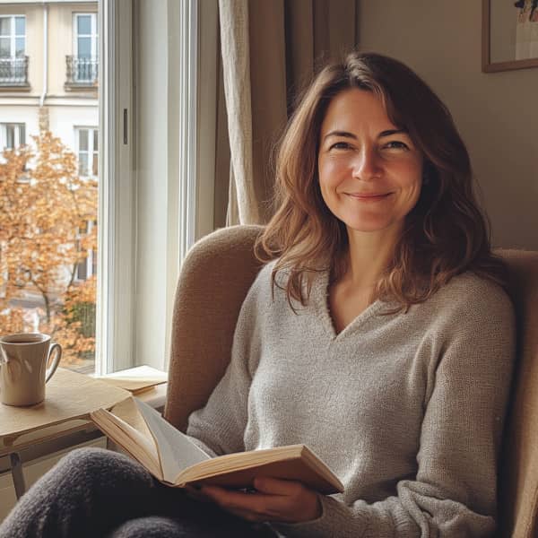 Frau, die in einem gemütlichen Sessel entspannt sitzt und ein Buch liest.