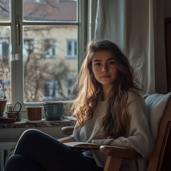 Eine junge Frau mit langen braunen Haaren, die entspannt auf einem gemütlichen Sessel sitzt.