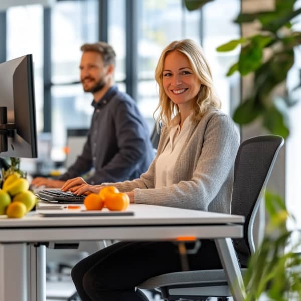 Moderne Büroszene, in der Mitarbeiter an ergonomischen Arbeitsplätzen arbeiten.