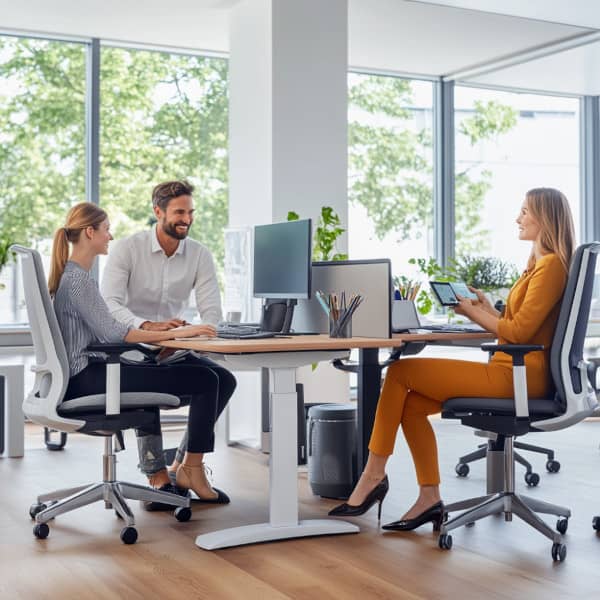 Ein Team in einem modernen Büro, ergonomische Schreibtische und Stühle, eine angenehme, produktive Atmosphäre, helle Räume mit viel natürlichem Licht.