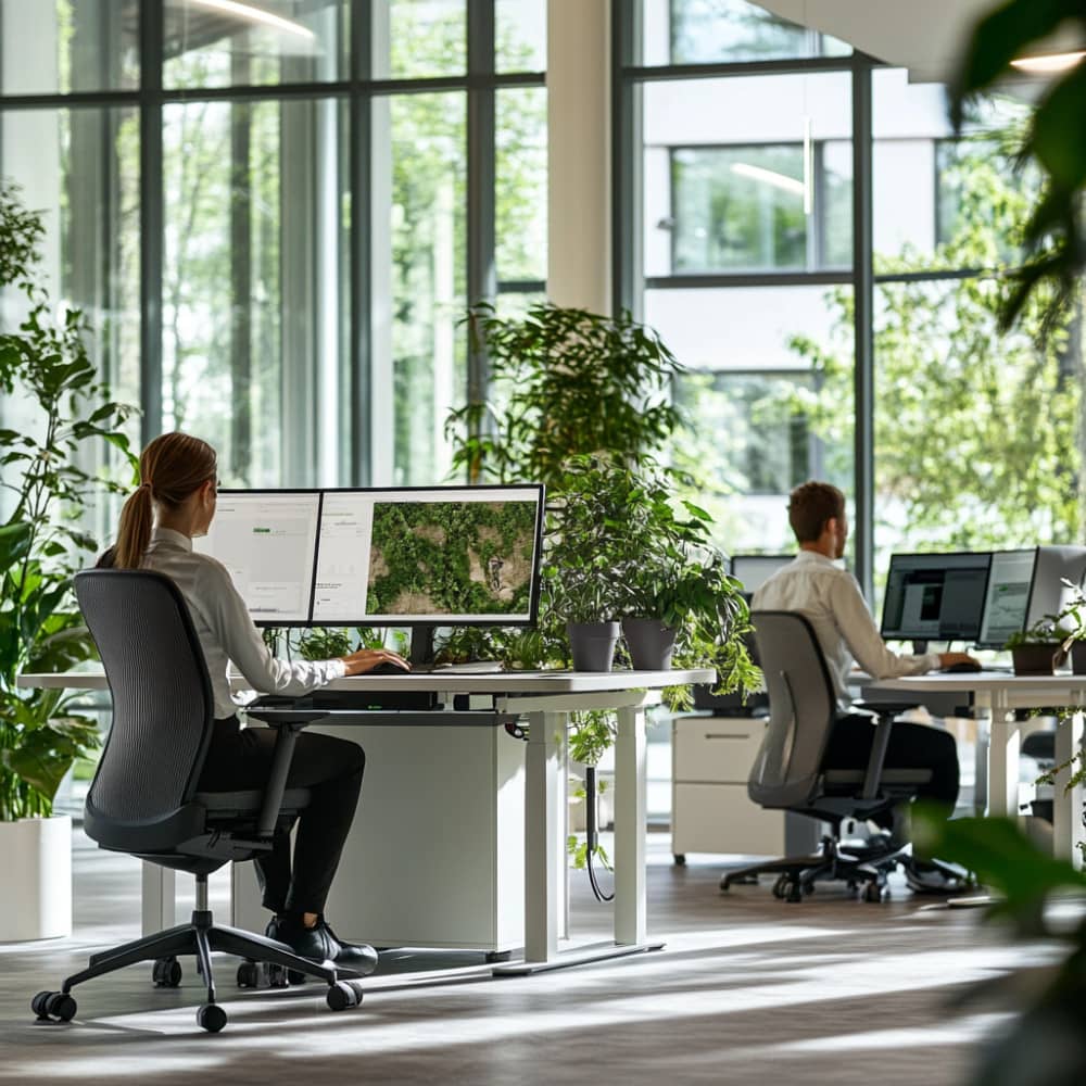 Ein moderner Arbeitsplatz mit ergonomischen Stühlen, einem höhenverstellbaren Schreibtisch und natürlichen Pflanzen