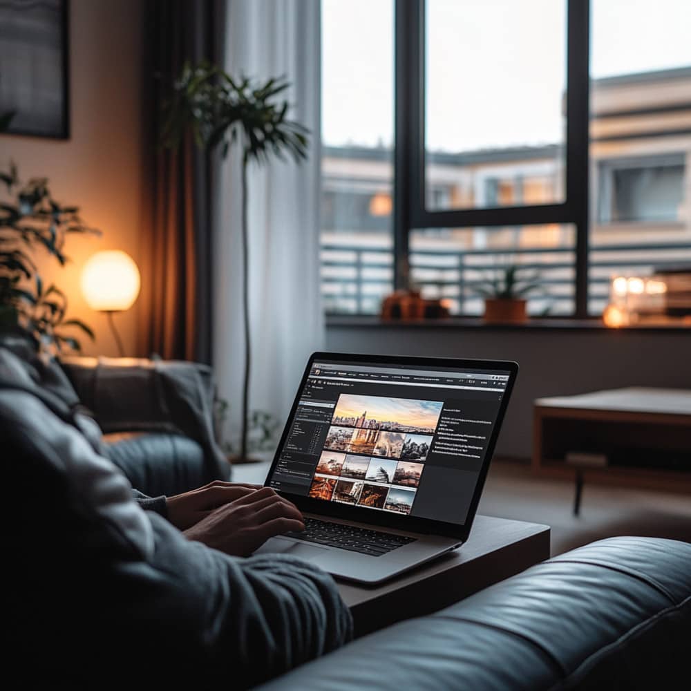 Eine Person sitzt entspannt auf einer Couch mit einem Laptop, vertieft in einen eLearning-Kurs.