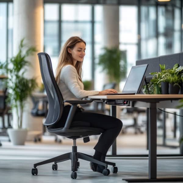 Eine moderne Büroumgebung mit einem ergonomischen Arbeitsplatz, der einen höhenverstellbaren Schreibtisch und einen komfortablen Bürostuhl zeigt.