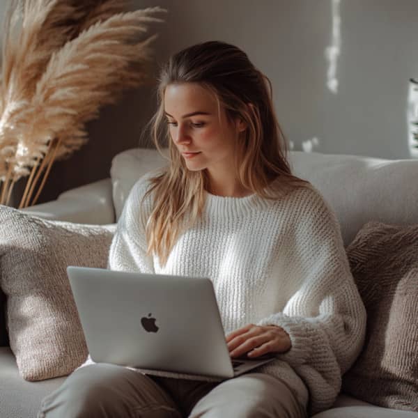 Eine Frau sitzt entspannt auf einem gemütlichen Sofa mit einem Laptop auf dem Schoß