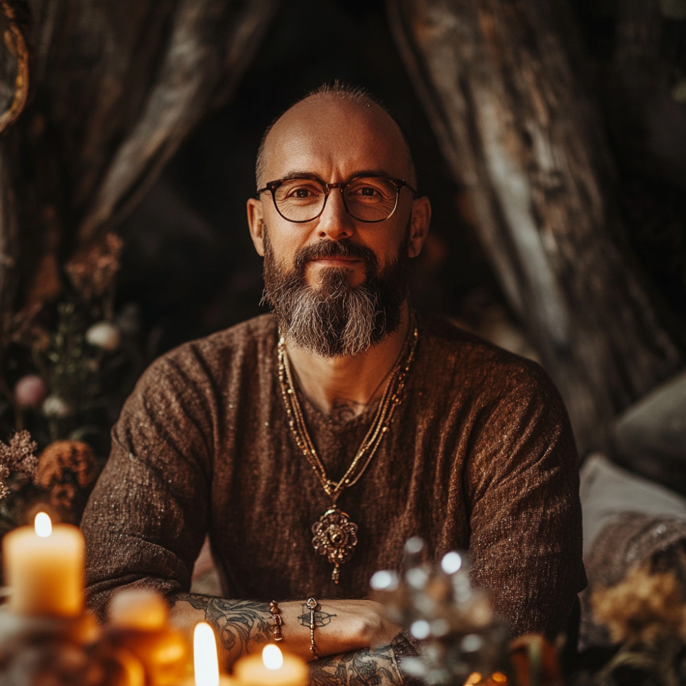 Spiritueller Coach, in einer ruhigen Haltung, umgeben von sanftem Kerzenlicht und schwebendem Rauch, in einem harmonischen Raum mit natürlichen Elementen wie Pflanzen und Kristallen, warme und beruhigende Atmosphäre.