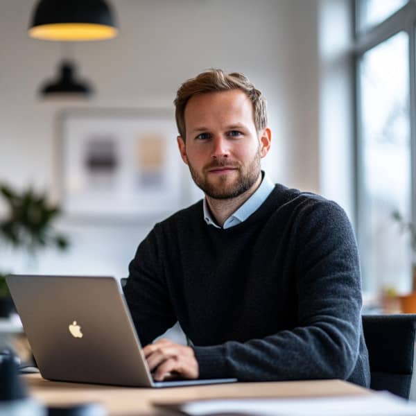 Neuer Mitarbeiter, der an einem digitalen Onboarding-Prozess teilnimmt, sitzt konzentriert vor einem Laptop.