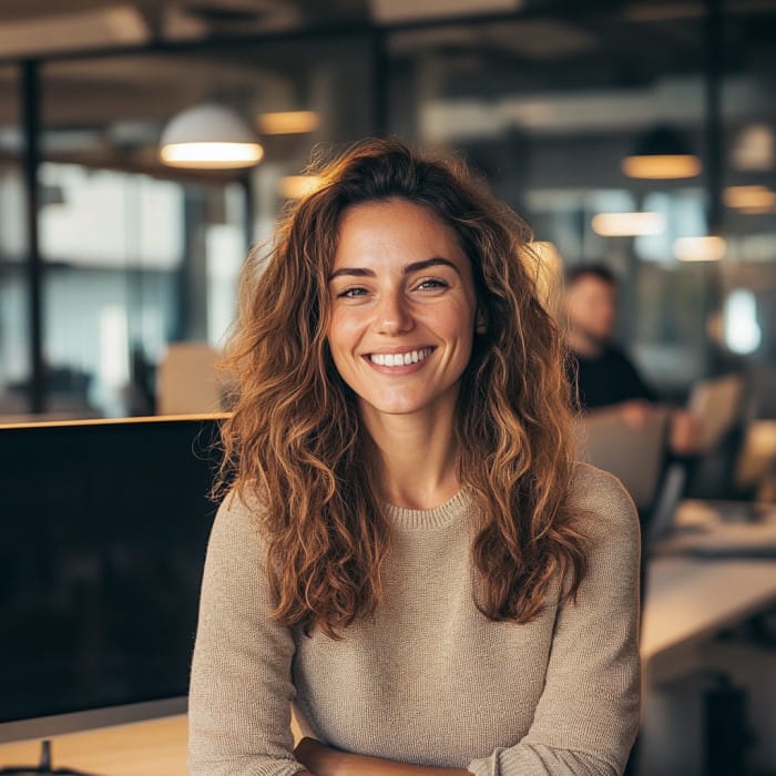 Junge Frau sitzt lächelnd vor einem großen Bildschirm während digitalem Onboarding, Kollegen im Hintergrund.