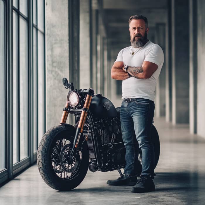 Selbstbewusster Mann, neben einem Harley Motorrad stehend.